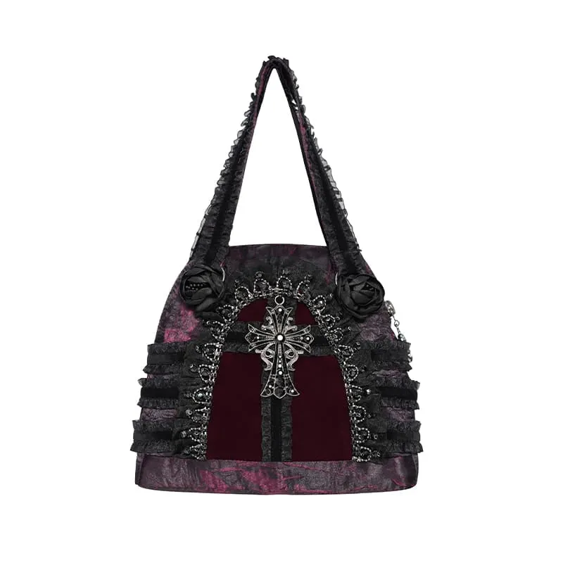Gothic-Tasche für Damen mit Rosenkreuz und Spitzenbesatz, schwarz-rot