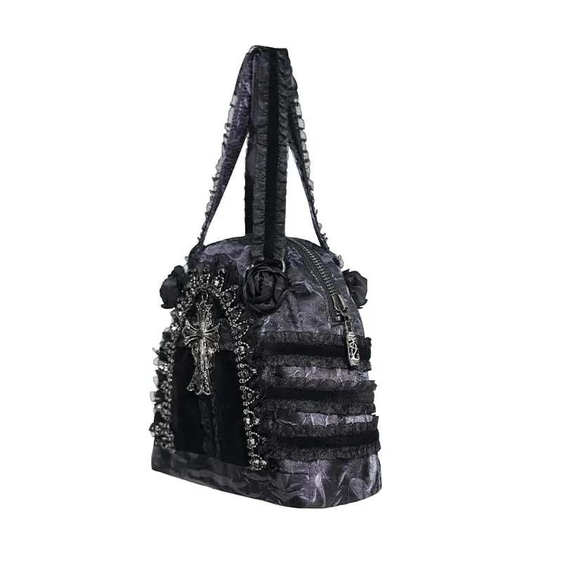 Gothic-Tasche für Damen mit Rosenkreuz und Spitzenbesatz, Grau-Schwarz