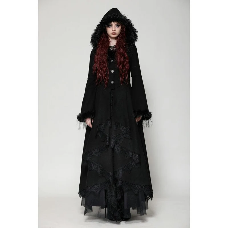 Romantischer Gothic-Mantel mit Spitzenknöpfen und Kapuze für Damen