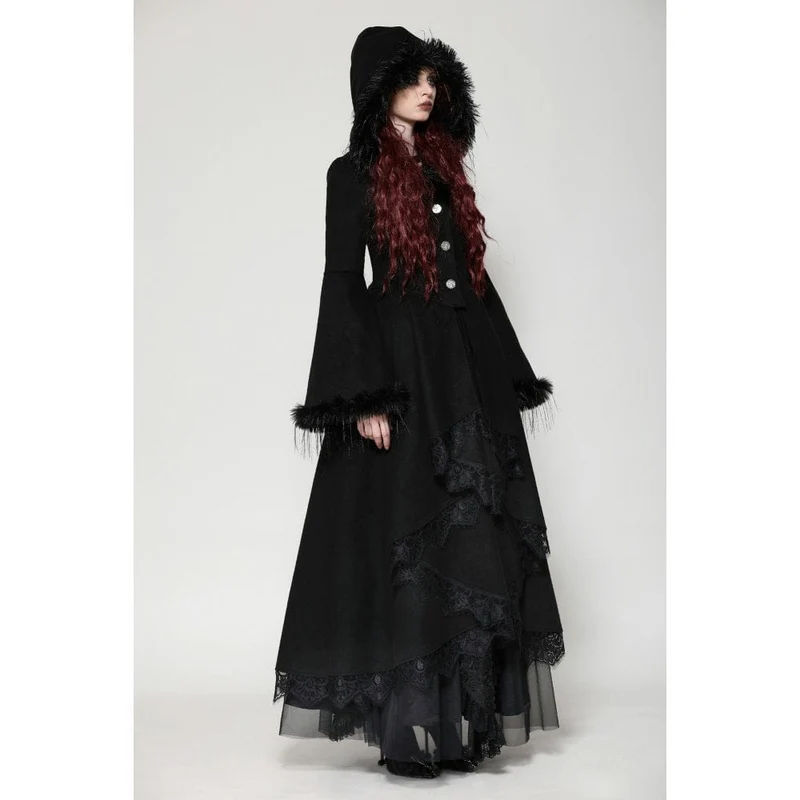 Romantischer Gothic-Mantel mit Spitzenknöpfen und Kapuze für Damen