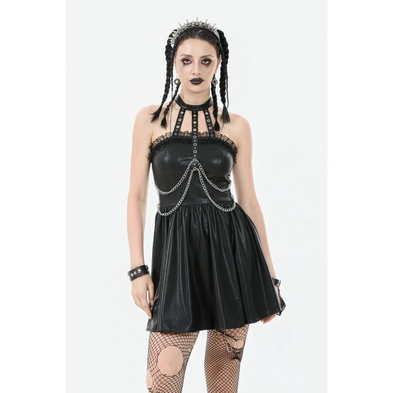 Damen Punk Metallkette Kunstleder Neckholderkleid