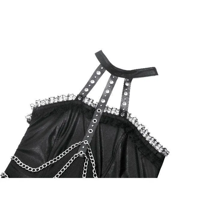 Damen Punk Metallkette Kunstleder Neckholderkleid