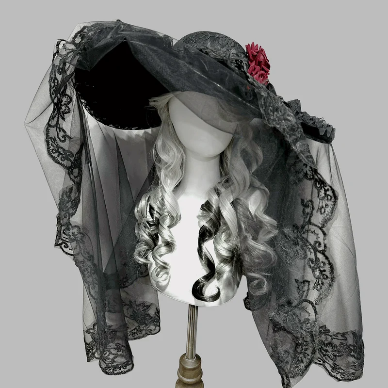 Gothic-Hut für Damen mit breiter Krempe und Schleier, Rosenmuster