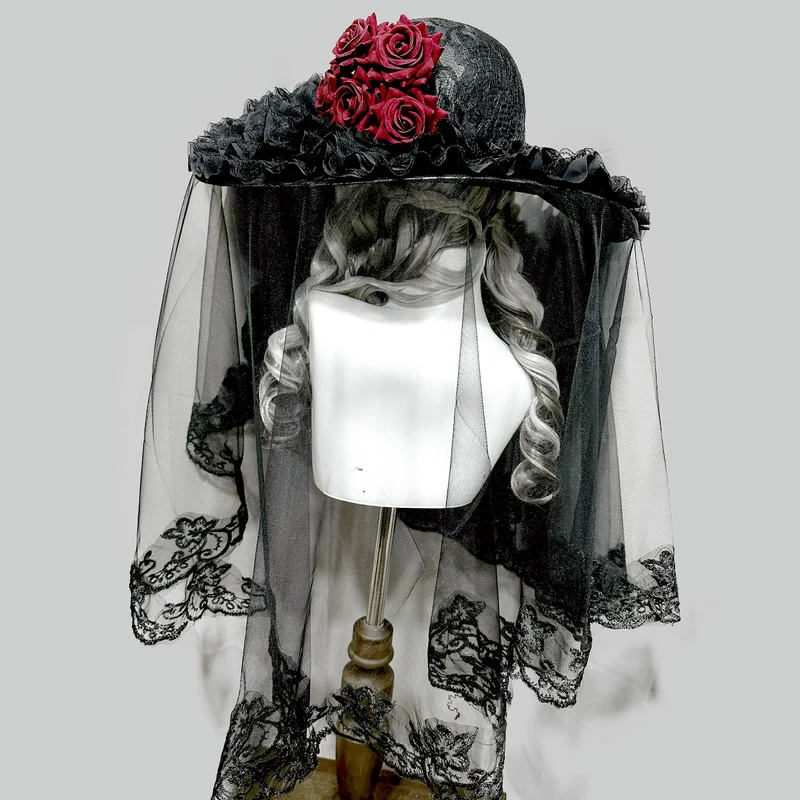 Gothic-Hut für Damen mit breiter Krempe und Schleier, Rosenmuster