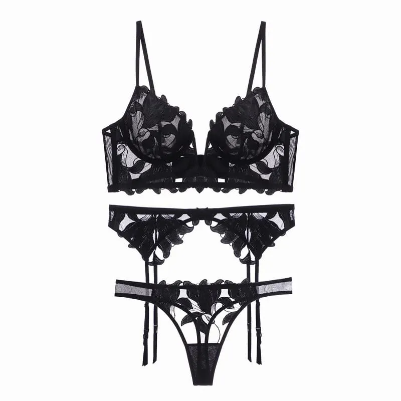 Gothic-Dessous-Set für Damen aus bestickter Spitze mit Blumenmuster