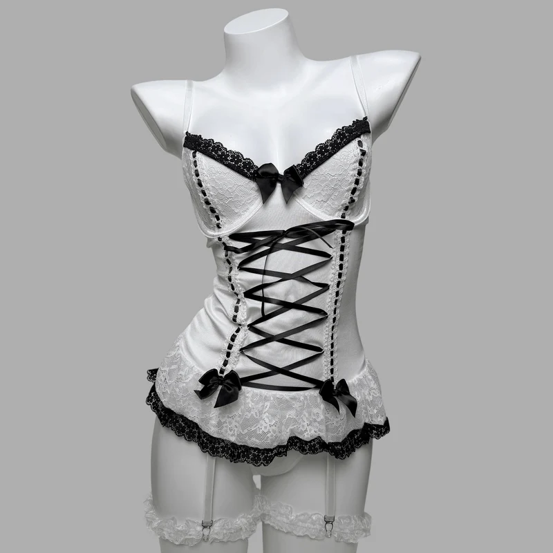 Sexy Dessous-Set mit Rüschen und Schnürung im Grunge-Stil für Damen, inklusive Strumpfband