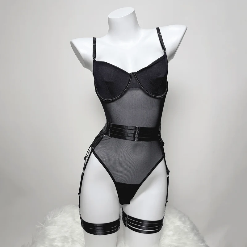 Damen-Dessous-Set aus transparentem Grunge-Mesh mit Handschuhen