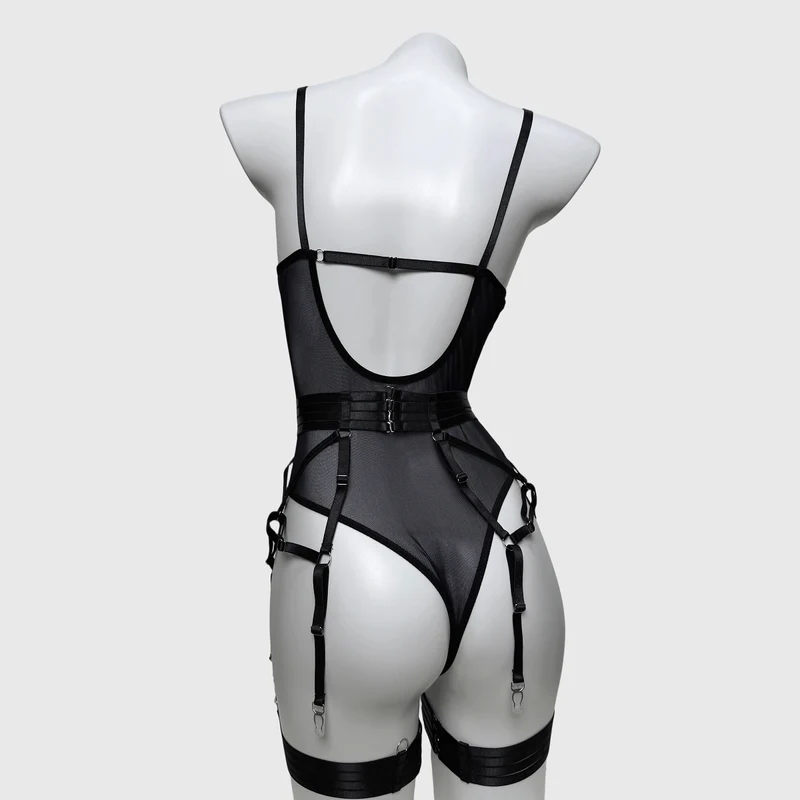 Damen-Dessous-Set aus transparentem Grunge-Mesh mit Handschuhen