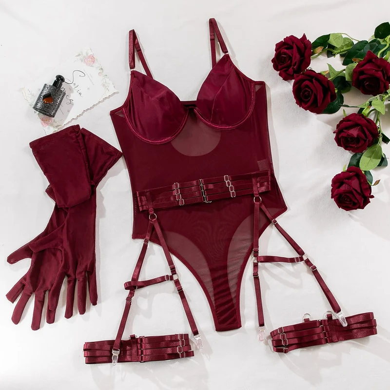 Damen-Dessous-Set aus transparentem Grunge-Mesh mit Handschuhen