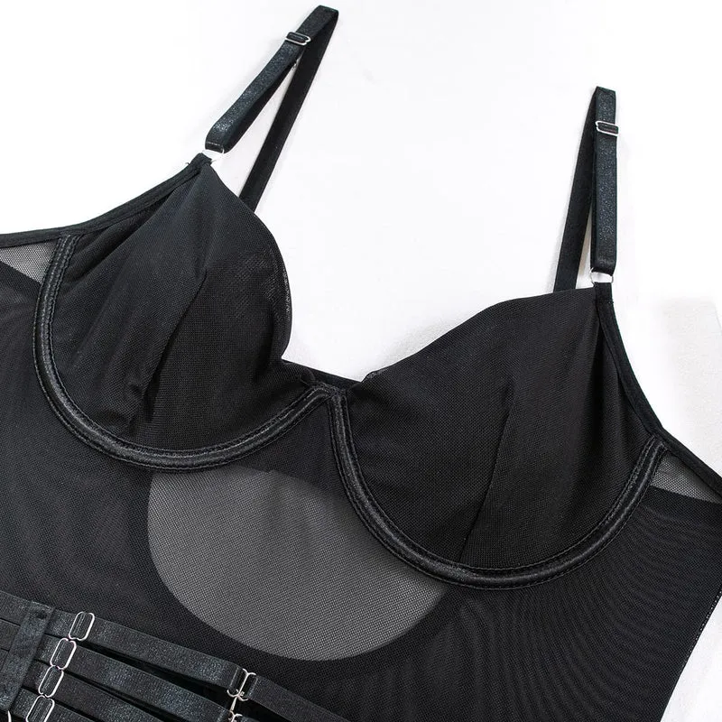 Damen-Dessous-Set aus transparentem Grunge-Mesh mit Handschuhen