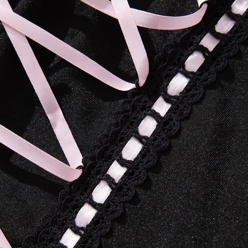 Sexy Dessous-Set mit Schnürung und Strumpfband im Grunge-Stil für Damen