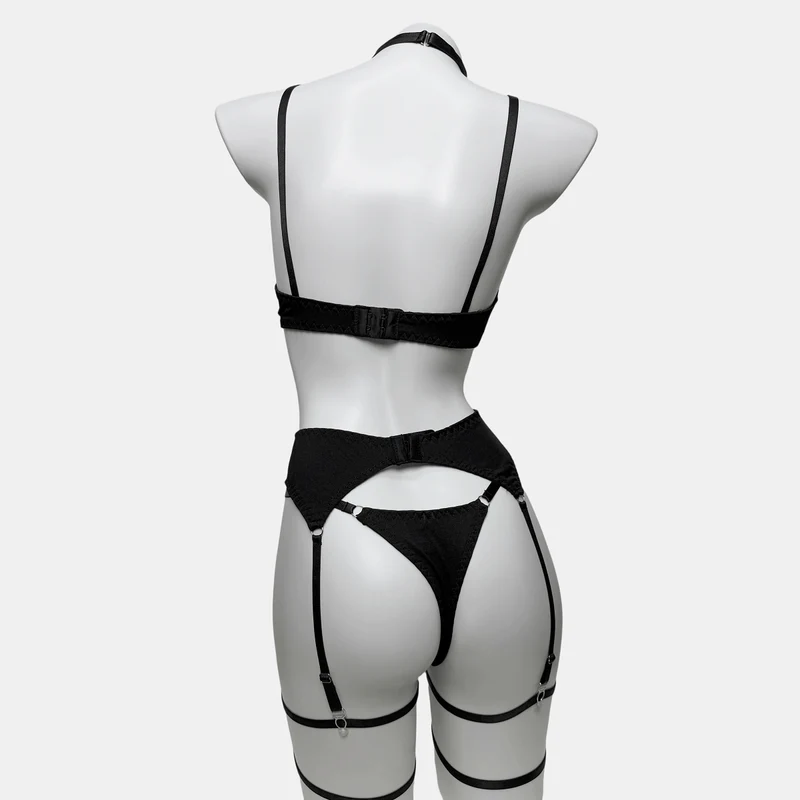 Sexy Grunge-Dessous-Set für Damen mit Schleife, Strapsen, Strumpfband und Handschuhen