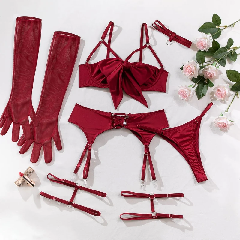 Sexy Grunge-Dessous-Set für Damen mit Schleife, Strapsen, Strumpfband und Handschuhen