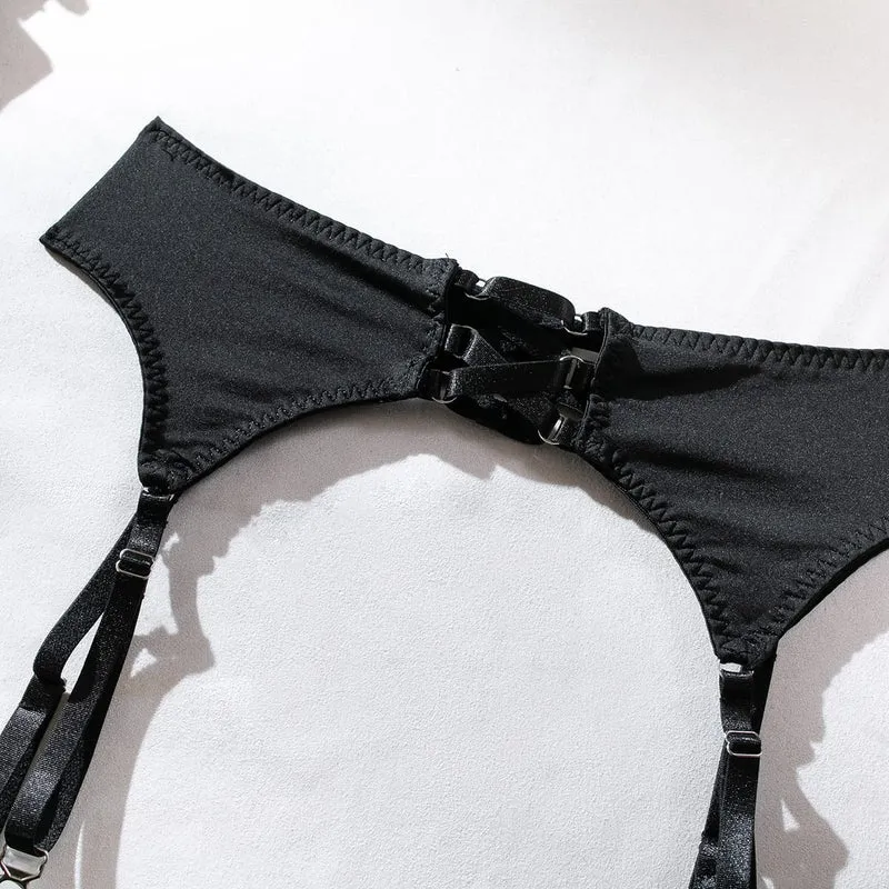 Sexy Grunge-Dessous-Set für Damen mit Schleife, Strapsen, Strumpfband und Handschuhen