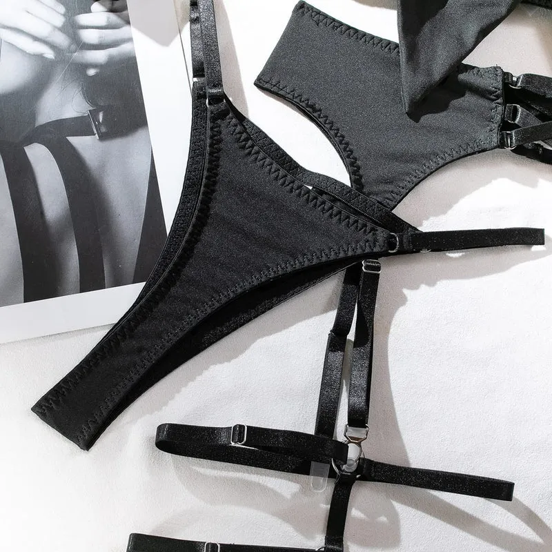 Sexy Grunge-Dessous-Set für Damen mit Schleife, Strapsen, Strumpfband und Handschuhen