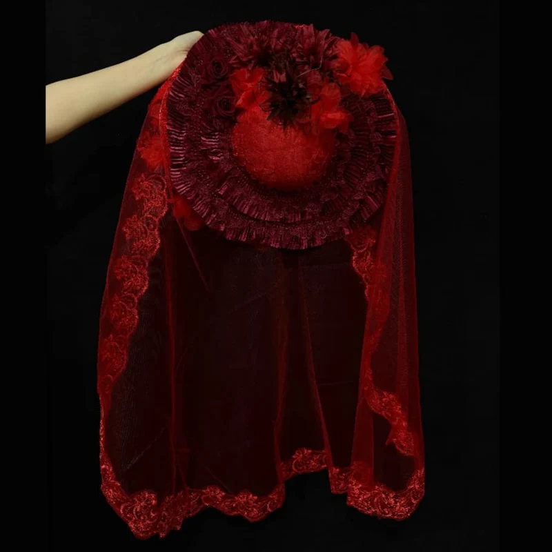 Gothic-Hut für Damen mit Blumenmuster, Perlen, Quasten, breiter Krempe und Schleier