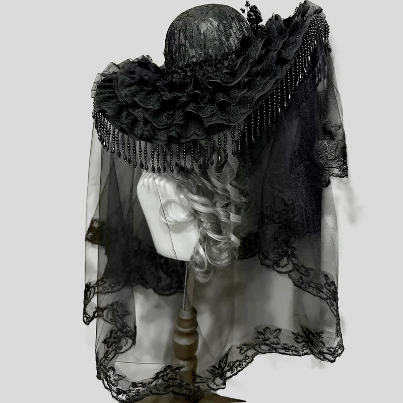 Gothic-Hut für Damen mit Blumenmuster, breiter Krempe und Schleier