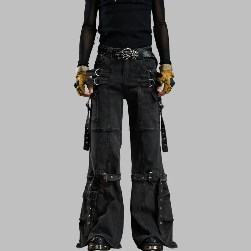 Grunge-Schlaghose für Damen mit Schnallenriemen, mehreren Taschen
