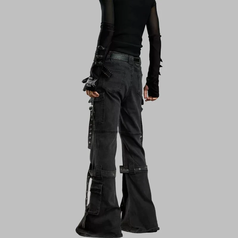 Grunge-Schlaghose für Damen mit Schnallenriemen, mehreren Taschen