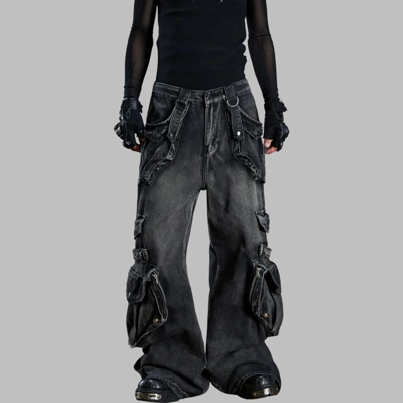 Damen-Hose mit weitem Bein, Grunge-Grafikprint und abnehmbarem Taillengürtel