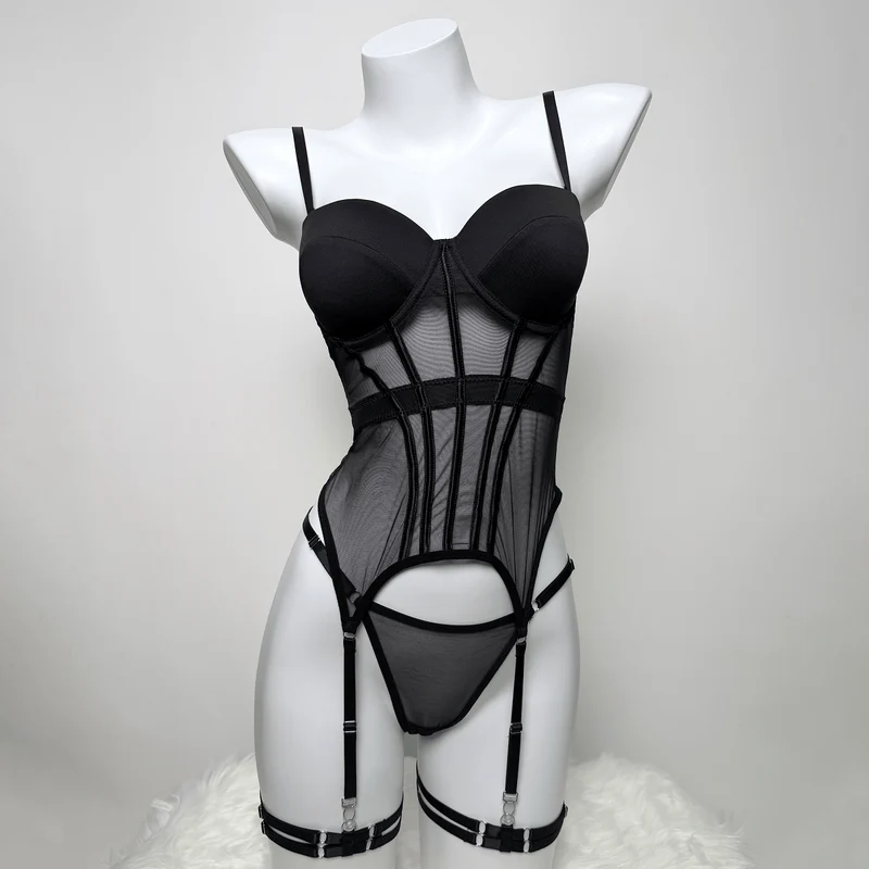 Sexy Dessous-Set aus transparentem Grunge-Mesh für Damen mit Strumpfband