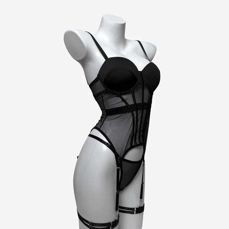 Sexy Dessous-Set aus transparentem Grunge-Mesh für Damen mit Strumpfband
