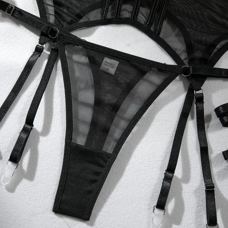 Sexy Dessous-Set aus transparentem Grunge-Mesh für Damen mit Strumpfband