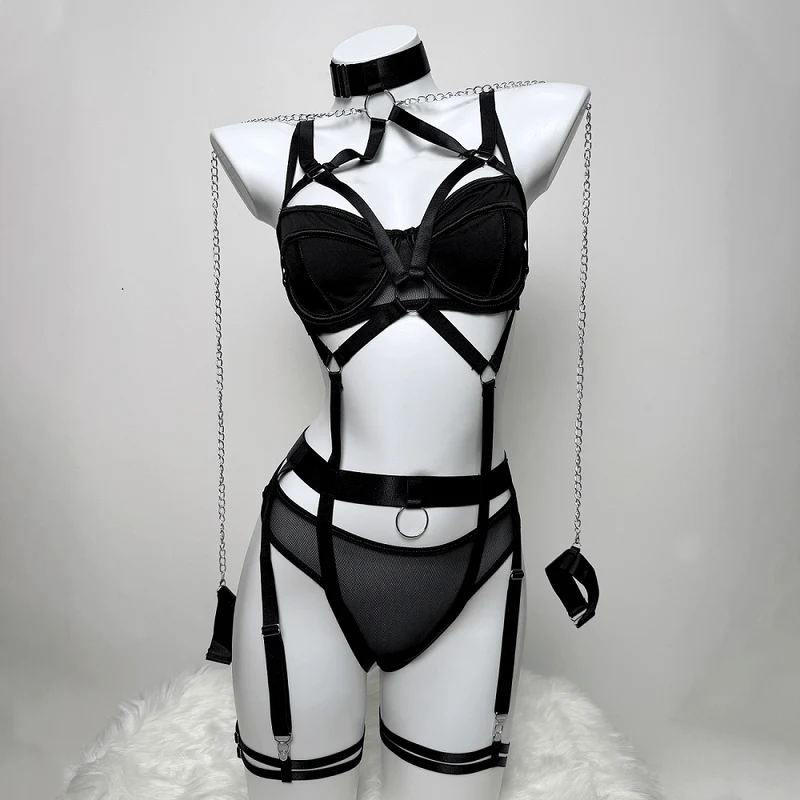 Grunge-Kettenring-Choker-Set für Damen, sexy Harness-Dessous-Set