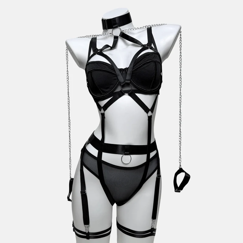 Grunge-Kettenring-Choker-Set für Damen, sexy Harness-Dessous-Set