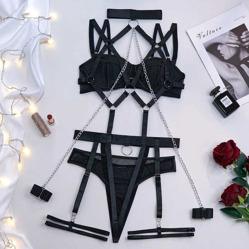 Grunge-Kettenring-Choker-Set für Damen, sexy Harness-Dessous-Set