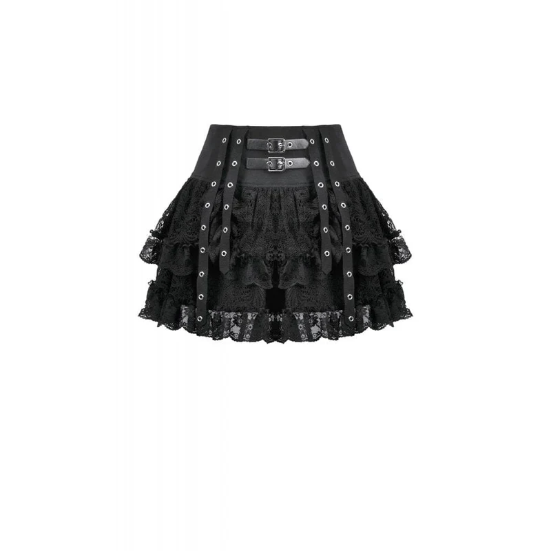 Punk-Minirock mit Ösenriemen und mehrlagiger Spitze für Damen