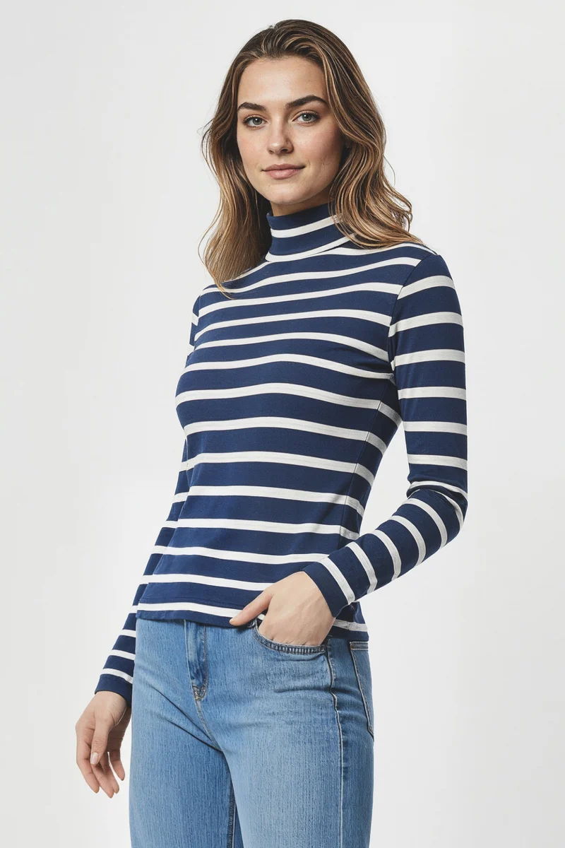 Ribbed Turtle Neck Long Sleeve Tee | Medieval Blue Mel Stripe