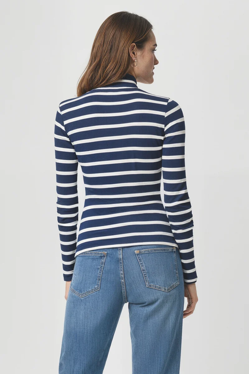 Ribbed Turtle Neck Long Sleeve Tee | Medieval Blue Mel Stripe