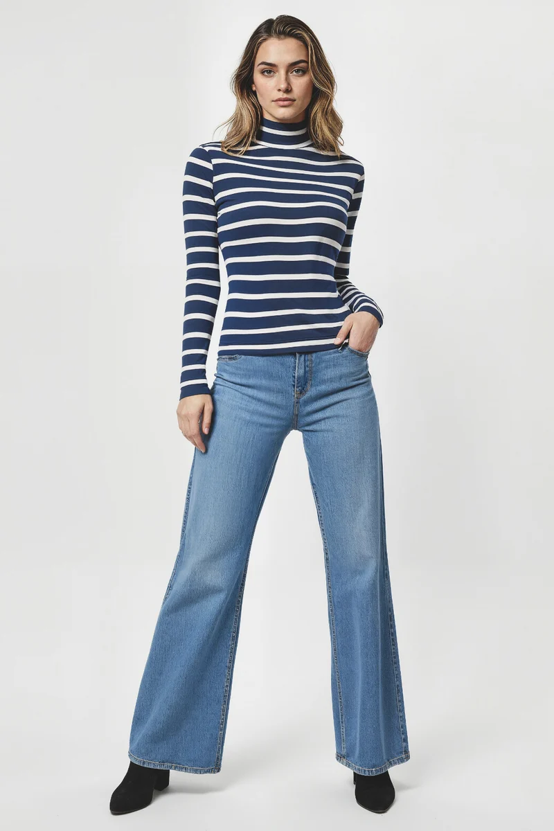 Ribbed Turtle Neck Long Sleeve Tee | Medieval Blue Mel Stripe