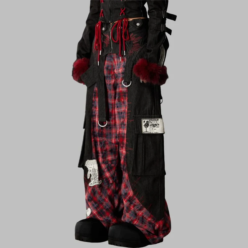 Grunge-Cargohose für Damen mit abnehmbarem Bund, Karomuster und Patchwork-Design