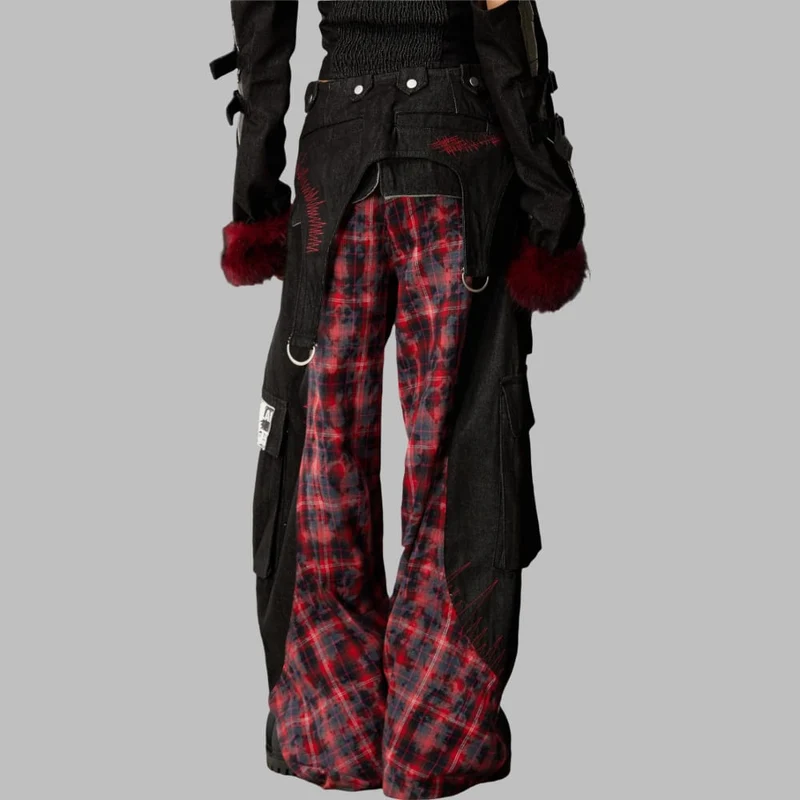 Grunge-Cargohose für Damen mit abnehmbarem Bund, Karomuster und Patchwork-Design