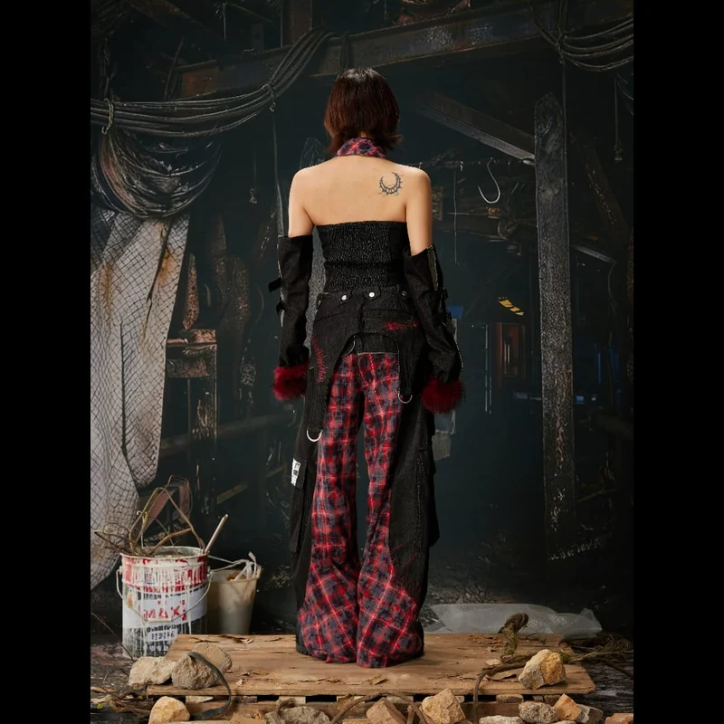 Grunge-Cargohose für Damen mit abnehmbarem Bund, Karomuster und Patchwork-Design