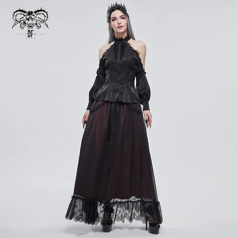 Damen Gothic Riemchen schulterfrei Spitzensaum schwarzes Shirt