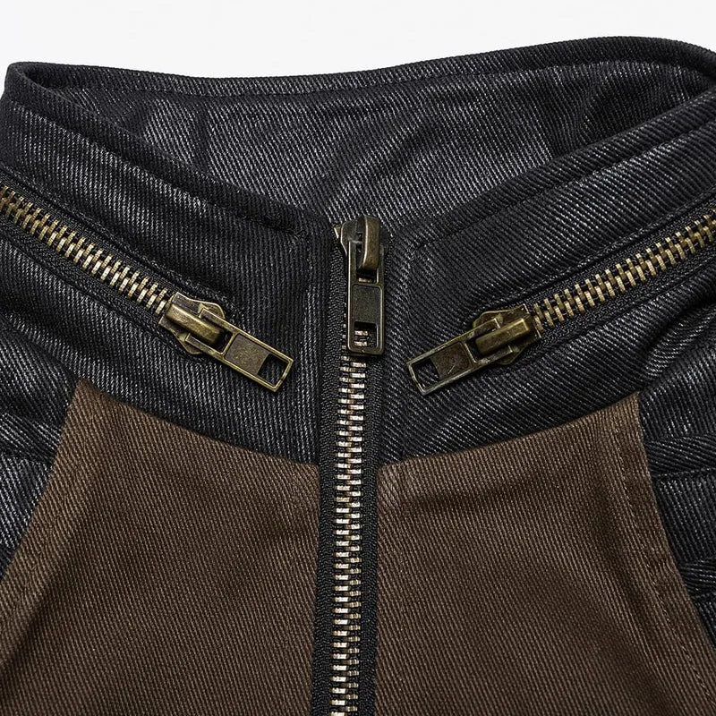 Punk-Weste für Herren mit Stehkragen und Riemen, Kaffee