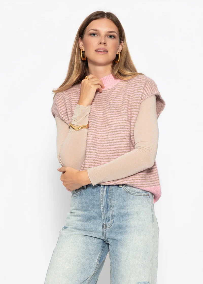 Geringelter Pullunder mit Stehkragen - rosa-taupe