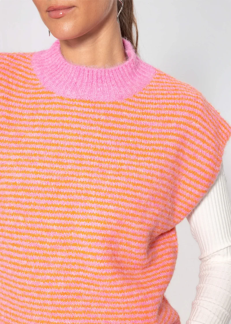 Geringelter Pullunder mit Stehkragen - orange-pink