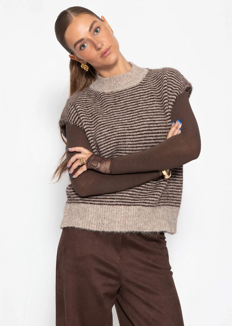 Geringelter Pullunder mit Stehkragen - braun-beige