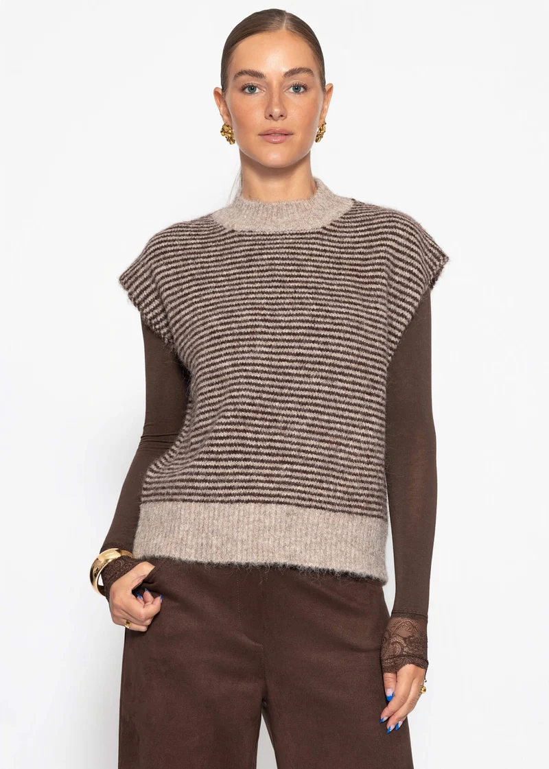 Geringelter Pullunder mit Stehkragen - braun-beige