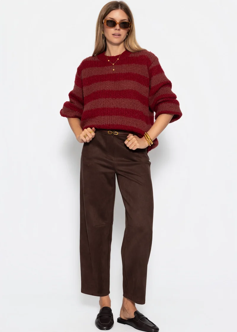 Gestreifter Grobstrickpullover - mauve-rot