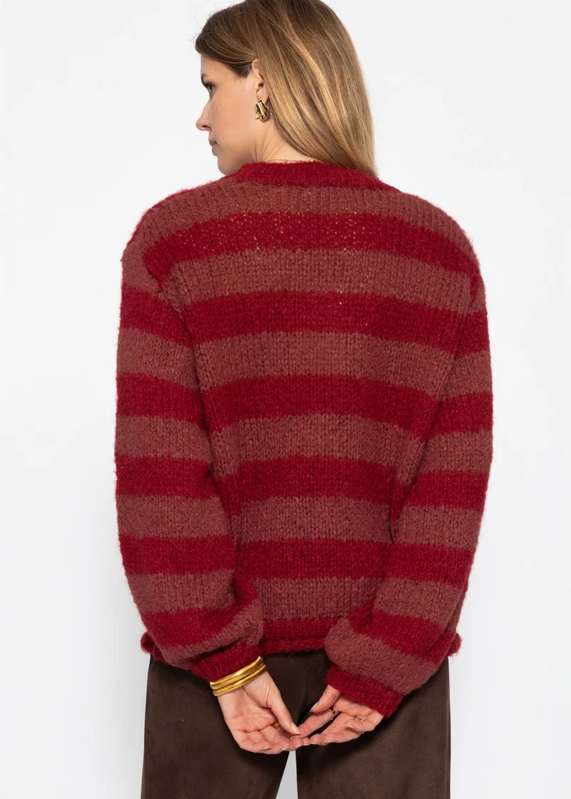 Gestreifter Grobstrickpullover - mauve-rot