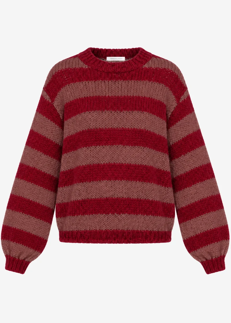 Gestreifter Grobstrickpullover - mauve-rot