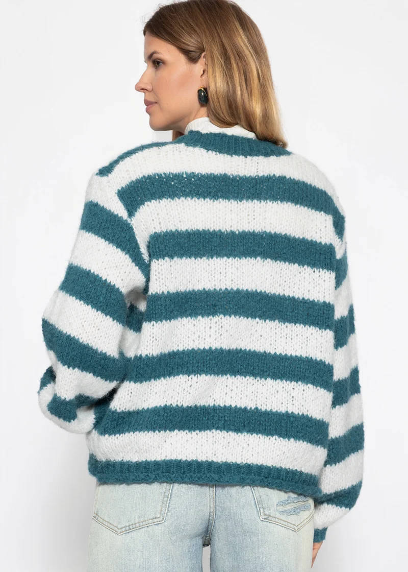 Gestreifter Grobstrickpullover - petrol-offwhite