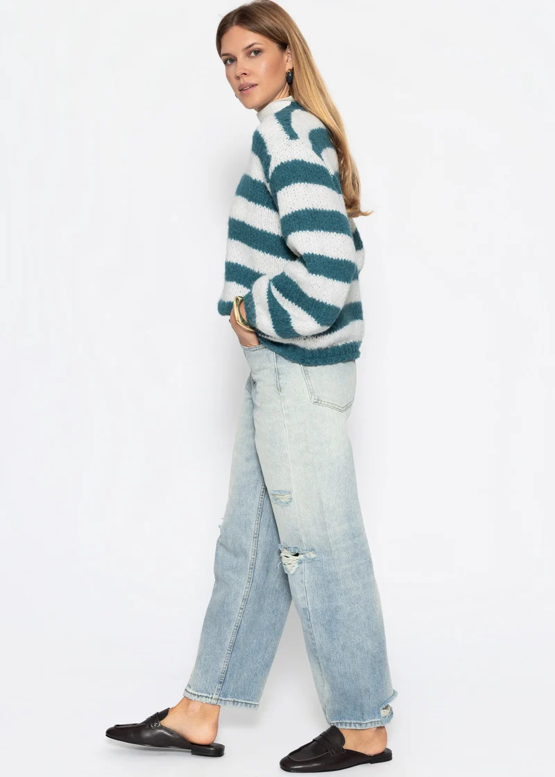 Gestreifter Grobstrickpullover - petrol-offwhite