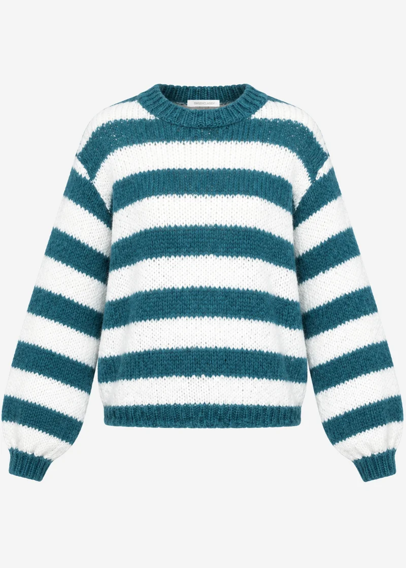 Gestreifter Grobstrickpullover - petrol-offwhite
