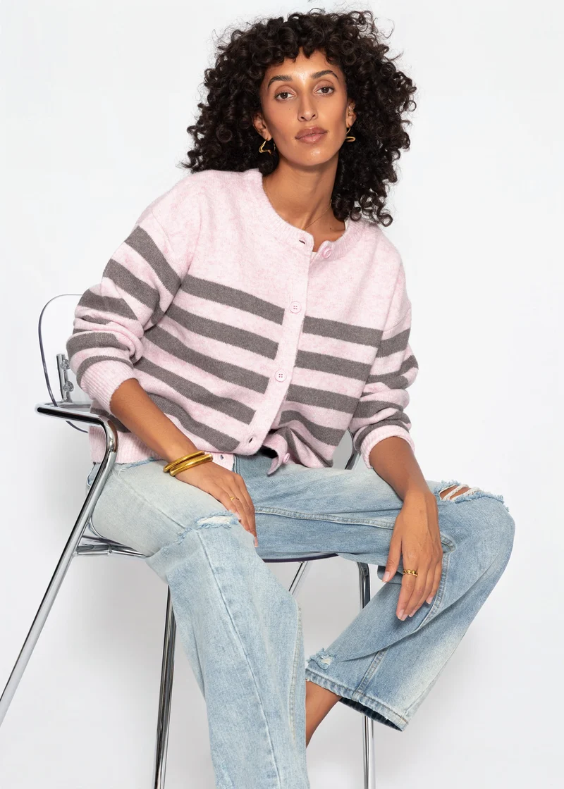 Gestreifter Cardigan mit Passe - rosa